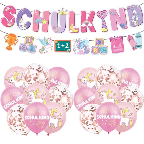 KOBOKO Einschulung Deko Luftballons Rosa, Schulkind Luftballon Schulanfang Deko, Luftballon Einhorn Deko Einschulung Mädchen 2025, Schuleinführung Deko Einhorn Ballons Rosa mit Schulkind Girlande von Koboko