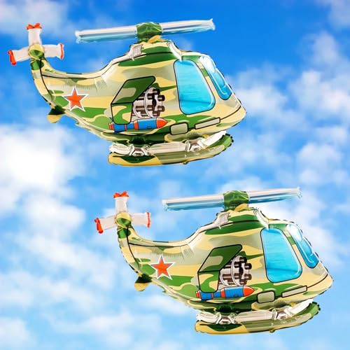 KOBOKO Flugzeug Deko Geburtstag Luftballons, 2 Stück Helium Ballon Hubschrauber Geburtstagsdeko Jungen, Flugzeug Aufblasbar Folienballon Geburtstag, Stehend Tarnung Ballon Helikopter Geburtstage Deko von Koboko