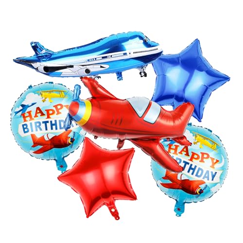 KOBOKO Flugzeug Deko Luftballon Geburtstag, 6 Stk Flugzeug Ballon Geburtstag Junge, Airplane Helium Ballons Geburtstagsdeko Jungen, Stern Folienballons für Kindergeburtstag Flugzeuge Thema Party Deko von Koboko