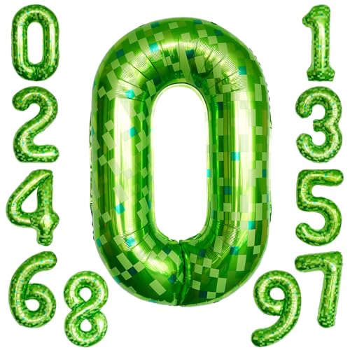 KOBOKO Zahlen Luftballon 0 Grün, 40 Zoll Grüne Folienballon Zahl 0, 101cm Pixel Miner Zahlenluftballons 0, Grüne Ballons 0 Geburtstagsdeko Junge, XXL Luftballon 0 für Junge Mädchen Geburtstag Deko von Koboko