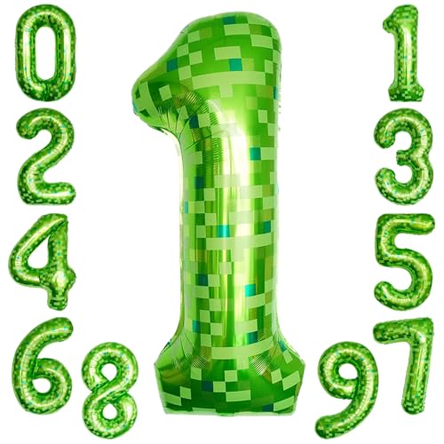 KOBOKO Grün Luftballon 1. Geburtstag, 40 Zoll Grüne Folienballon Zahl 1, 101cm XXL Pixel Miner Luftballon 1, Helium Ballon 1 Geburtstag, Geburtstagsdeko 1 Jahr Junge, Luftballons Zahlen 1 Folienballon von Koboko