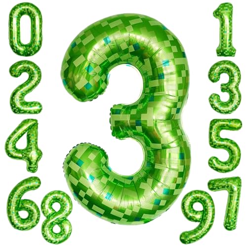 KOBOKO Grün Luftballon 3 Jahre, 40 Zoll Grün Pixel Miner Folienballon Zahl 3, 101cm XXL Ballon 3 Geburtstag Junge, Zahlenballon 3 Grüne Helium Ballon, Luftballons 3. Geburtstag für Junge Mädchen von Koboko