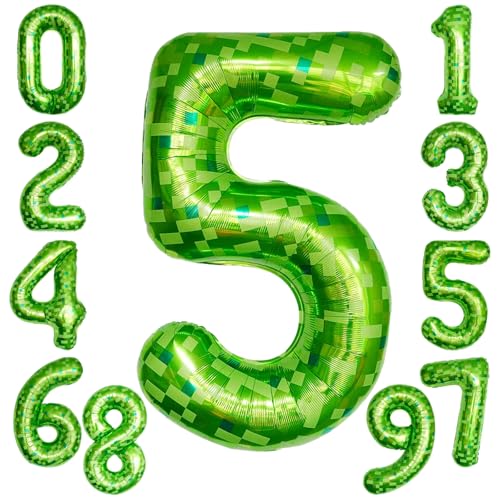 KOBOKO Grün Luftballon 5. Geburtstag, 40 Zoll Folienballon Zahl 5, 101cm Luftballons Zahlen Groß Geburtstag 5 Jahre Junge, Grün Pixel Miner Geburtstagsdeko 5 Jahre Junge, Helium Ballons Zahlen 5 Grüne von Koboko