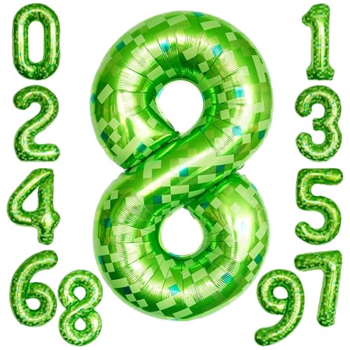 KOBOKO Grün Luftballon 8. Geburtstag Junge, 40 Zoll Folienballon Zahl 8, 101cm Ballon 8 Jahre, Luftballon Zahl Kindergeburtstag 8 Jahre Junge, Grün Pixel Miner Folienballon 8 Geburtstag Jubiläum Deko von Koboko
