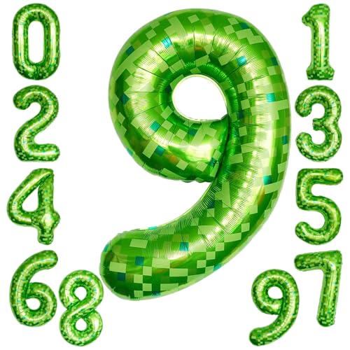 KOBOKO Grün Luftballon 9. Geburtstag Junge, 40 Zoll Folienballon Zahl 9, 101cm XXL Ballon 9 Jahre, Zahlenballon Geburtstagsdeko 9 Jahre Junge, Grün Pixel Miner Folienballon 9 Geburtstag Jubiläum Deko von Koboko