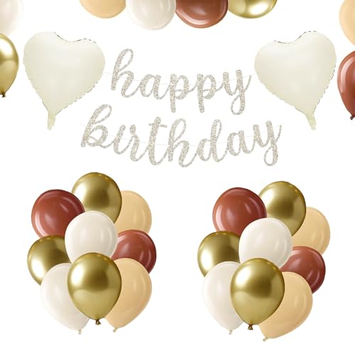 KOBOKO Geburtstagsdeko Luftballons Beige, Happy Birthday Deko Helium Luftballons Geburtstag Gold, Deko Beige Ballons Geburtstag Babyparty, Creme Weiß Herz Ballon für Kinder Frauen Mann Party Deko von Koboko