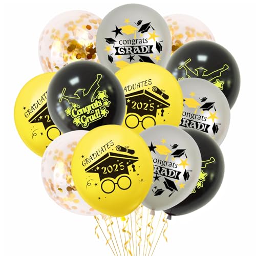 KOBOKO Graduation Deko Luftballons, 12 Stk 2025 Abschluss Deko Ballons Gold Schwarz, Bachelor Deko Konfetti Luftballon Gold, Prüfung Bestanden Deko Luftballons 2025, Abi 2025 Deko Abschluss Ballon von Koboko