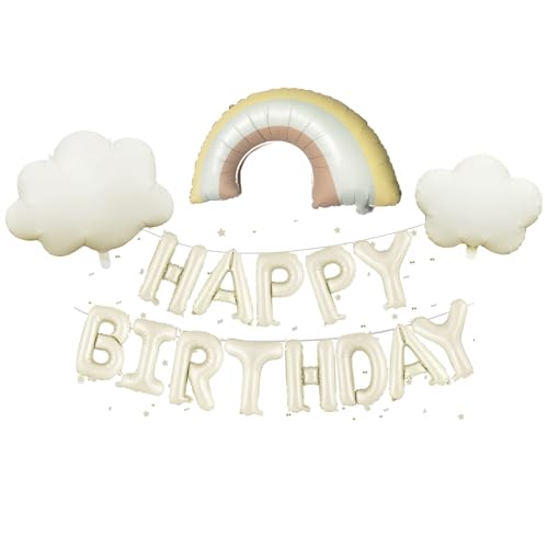 KOBOKO Happy Birthday Ballon Beige, 16 Zoll Happy Birthday Luftballon Girlande Regenbogen Deko Kindergeburtstag, Wolken Folienballon Geburtstag Babyparty Deko, Regenbogen Luftballons Beige Party Deko von Koboko