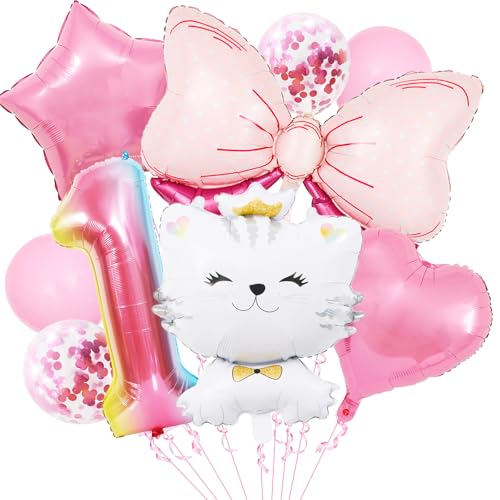 KOBOKO Katzen Geburtstagsdeko 1 Jahr Mädchen, Luftballon Deko, Folienballon, Fliege Ballons, Erster Geburtstag Deko von Koboko