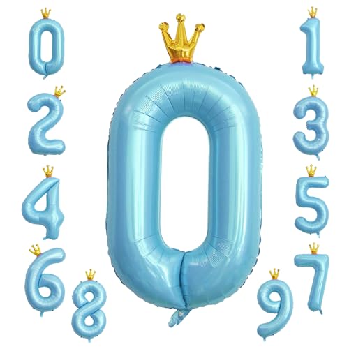 KOBOKO Zahlen Luftballon 0 Blau, 40 Zoll Zahl 0 Luftballons Geburtstag Junge, XXL Folienballon 0 Blau, Zahlenballon 0 Helium Ballon mit Krone, Zahlenluftballons 0 für Jungen Geburtstagsdeko Party Deko von Koboko