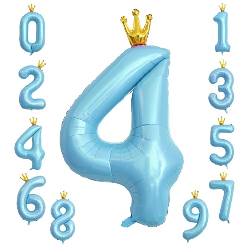 KOBOKO Zahlen Luftballon 4 Blau, 40 Zoll Folienballon, Luftballons für 4. Geburtstag Jungen, Helium Ballons mit Krone, Zahlenballon für Party Deko von Koboko