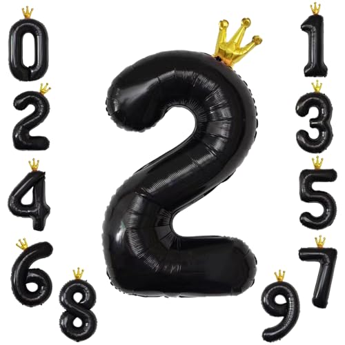 KOBOKO Luftballon 2, 40 Zoll Folienballon 2, Schwarz Luftballon 2. Geburtstag Zahlen, Ballon 2 Geburtstag mit Krone, Helium Ballons für Geburtstagsdeko 2 Jahre Mädchen Jungen Jahrestag Party Deko von Koboko