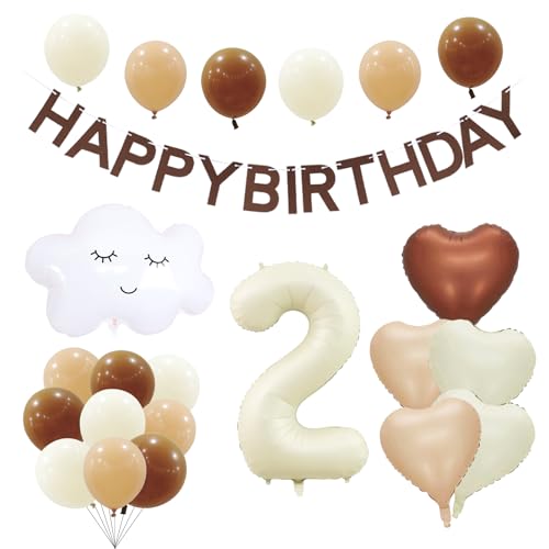 KOBOKO Luftballon 2. Geburtstag Mädchen Junge, Luftballons Beige Geburtstagsdeko 2 Jahre Mädchen, Wolken Folienballon 2 Geburtstag, Herz Helium Ballon Geburtstagsdeko 2 Jahre mit Happy Birthday Banner von Koboko