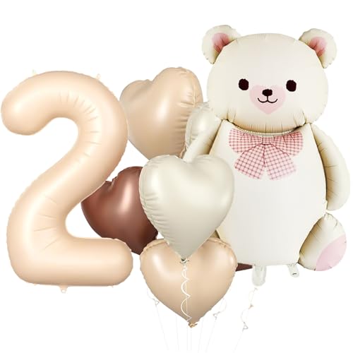 KOBOKO Bär Geburtstagsdeko 2 Jahre für Mädchen und Junge - Luftballons, Folienballon mit Herz, Helium Ballons für 2. Geburtstag von Koboko