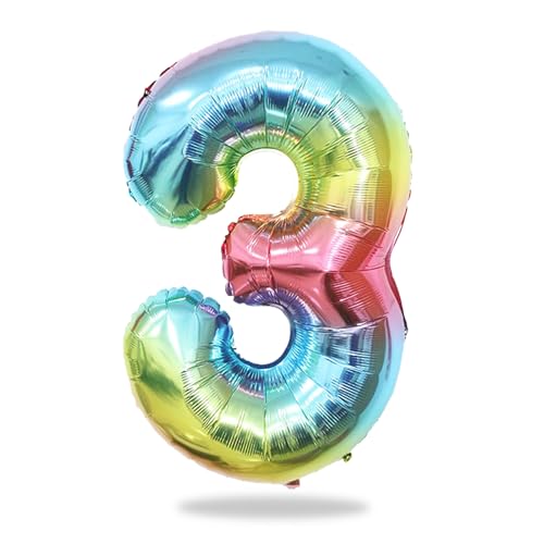 KOBOKO Zahlen Luftballon 3 Jahre, 40 Zoll XXL Riesen Folienballon 3 Geburtstagsdeko, Luftballons Geburtstag 3, Helium Ballon 3. Geburtstag Mädchen Zahl Deko, Mehrfarbig Zahlen Ballon 3 Geburtstag von Koboko