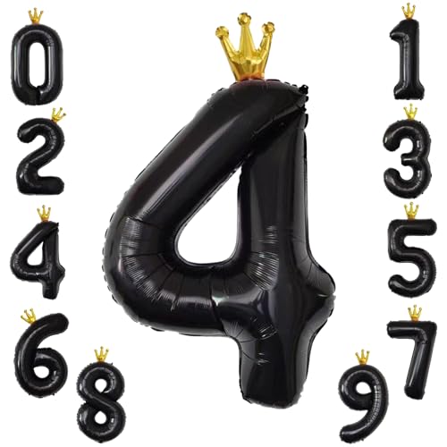 KOBOKO Luftballon 4, 40 Zoll Folienballon, XXL Ballon für 4. Geburtstag Mädchen Junge, Schwarz Zahlen Luftballon, Krone Helium Ballons für Jahrestag Party Deko von Koboko