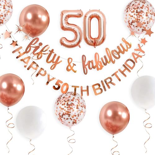 KOBOKO Luftballon 50. Geburtstag Frau Roségold, Deko 50 Geburtstag Luftballons Weiß, Happy Birthday Banner Folienballon 50, Konfetti Ballon 50 Geburtstag Frau Deko, Geburtstagsdeko 50 Jahr Party Deko von Koboko