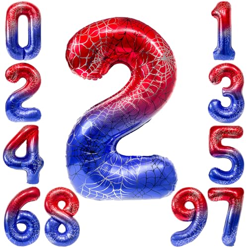 KOBOKO Spidey Geburtstagsdeko Zahlen Luftballon 2 Rot Blau, 40 Zoll Spider Luftballon 2. Geburtstag Junge, 101 cm Riesen Folienballon 2 Spider Geburtstagsdeko Junge, Spinnen Ballon 2 Geburtstag Deko von Koboko