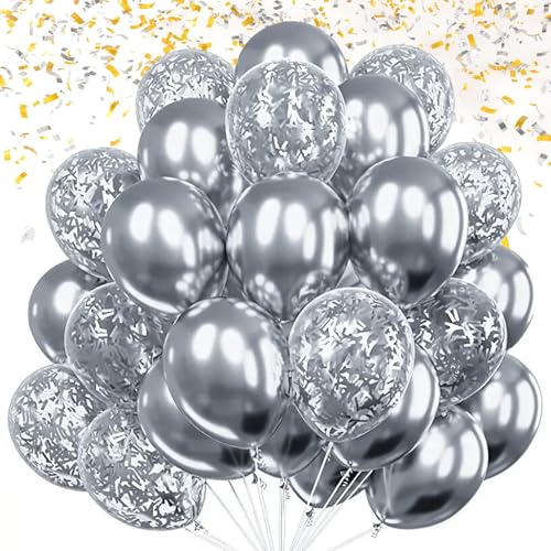 KOBOKO Luftballons Silber Hochzeit, 30 Stk 12 Zoll Silber Ballons Geburtstagsdeko, Konfetti Silber Helium Ballons Geburtstag, Helium Luftballon Metallic Silberhochzeit Deko, Silber Luftballon Hochzeit von Koboko