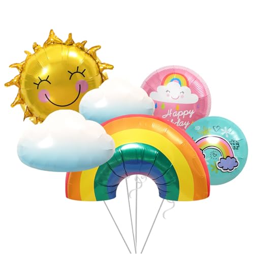 KOBOKO Regenbogen Deko Ballons Geburtstag, 6 Stk Sonne Wolken Folienballon Geburtstag, Regenbogen Luftballons Deko Kindergeburtstag, Wolken Babyparty Luftballons, Sonne Helium Ballons Baby Shower Deko von Koboko
