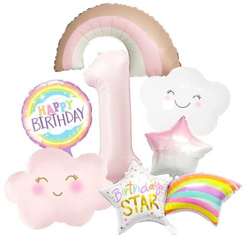 KOBOKO Regenbogen Deko Luftballon 1. Geburtstag Mädchen, Wolken Luftballons Rosa Geburtstagsdeko 1 Jahr, Ballon 1 Geburtstag Mädchen, Regenbogen Helium Ballons Erster Geburtstags Baby Shower Deko Girl von Koboko