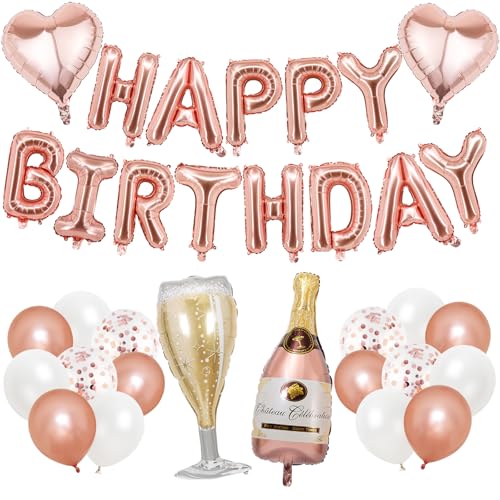KOBOKO Rosegold Happy Birthday Luftballons Girlande, Happy Birthday Ballon Rosegold, Happy Birthday Deko Luftballons Geburtstag Mädchen, Champagner Folienballon Geburtstagsdeko Frauen Party Deko von Koboko