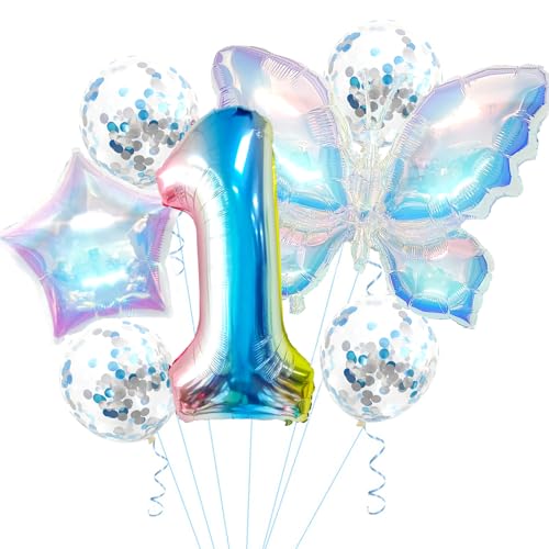 KOBOKO Schmetterlinge Deko 1. Geburtstag Mädchen, Luftballons, Stern Folienballon, Konfetti Ballons - Schmetterling Geburtstagsdeko von Koboko
