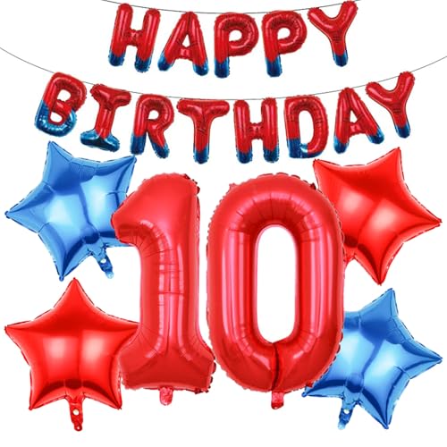 KOBOKO Spider Luftballon 10. Geburtstag Junge Mädchen, Rot Blau Luftballon 10. Geburtstag, Folienballon Zahl 10 Jahre, Spidey Geburtstagsdeko 10 Jahre Junge,Happy Birthday Ballon Superhero Party Deko von Koboko