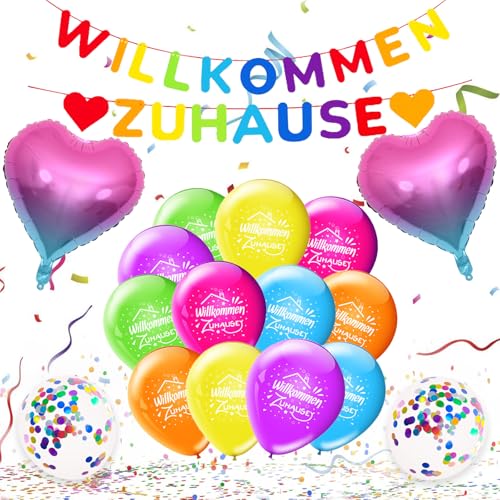 KOBOKO Willkommen Zuhause Deko, Luftballons Bunt Willkommen Zuhause Girlande, Herzlich Willkommen Zurück Konfetti Ballon, Welcome Back Deko Ballons, Welcome Home Baby Deko Folienballon Herz Party Deko von Koboko