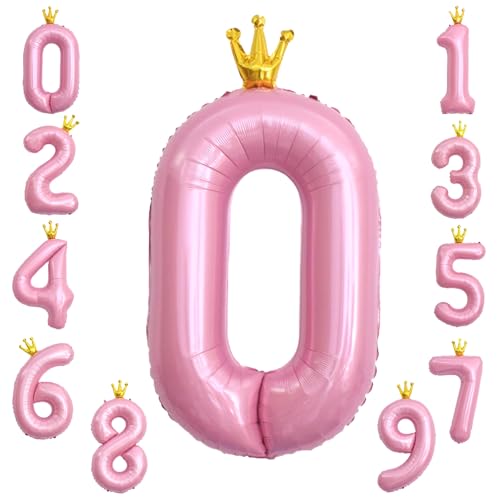 KOBOKO Zahlen Luftballon 0 Rosa, 40 Zoll Folienballon Mit Krone, Riesen Zahlenballon für Geburtstag, Jahrestag, Party Deko - Helium Ballons für Mädchen von Koboko