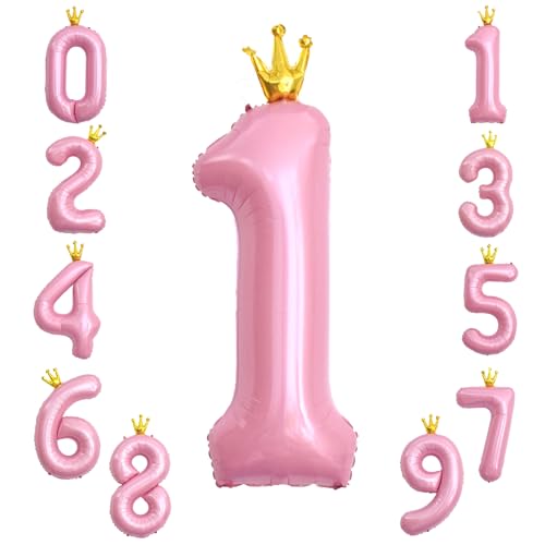 KOBOKO Zahlen Luftballon 1 Rosa, 40 Zoll Riesen Folienballon, Luftballons 1. Geburtstag Mädchen, Ballon Mit Krone, Helium Ballons Zahl Deko für Babyparty von Koboko
