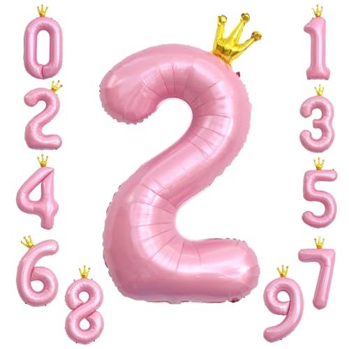 KOBOKO Zahlen Luftballon 2 Rosa, 40 Zoll Folienballon für 2. Geburtstag Mädchen, Ballon mit Krone, XXL Helium Ballons für Partydeko von Koboko