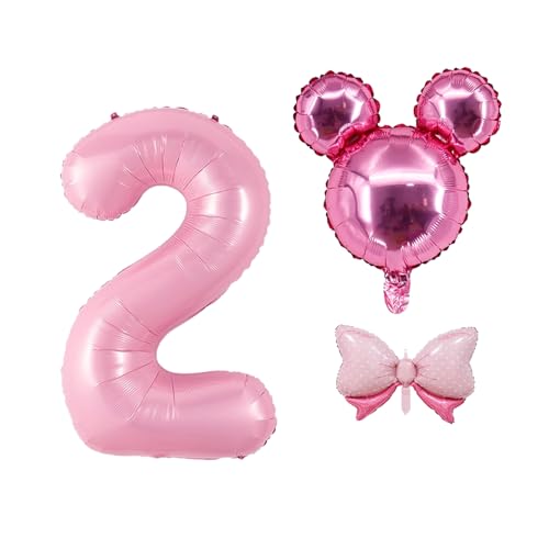 KOBOKO Zahlen Luftballon 2. Geburtstag Mädchen, 40 Zoll Minni Geburtstagsdeko 2 Jahre Mädchen, Fliege Folienballon 2 Geburtstag Prinzessin Deko, Maus Geburtstagsdeko Zahlenballon 2 Helium Ballon Rosa von Koboko
