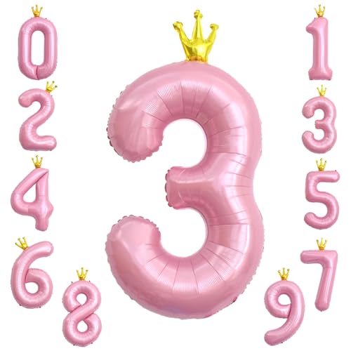 KOBOKO Zahlen Luftballon 3 Rosa, 40 Zoll Folienballon für 3. Geburtstag Mädchen, Luftballons 3 Jahre, Zahlenballon mit Krone, Zahl 3 Helium Ballon für Party Deko von Koboko