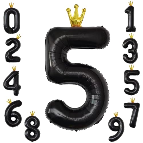 KOBOKO Zahlen Luftballon 5, 40 Zoll Folienballon 5, XXL Ballon 5 Geburtstag Junge Mädchen, Schwarz Helium Ballons Geburtstag 5 Jahre, Krone Luftballons Zahlen 5 für Geburtstagsdeko Jubiläum Party Deko von Koboko