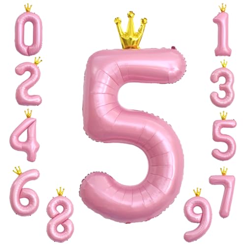 KOBOKO Zahlen Luftballon 5 Rosa, 40 Zoll Riesen Folienballon 5, Ballon 5 Geburtstag Mädchen, Zahlenballon Geburtstagsdeko Mädchen 5 Jahre, Helium Ballons Zahl 5 mit Krone für Geburtstag Party Deko von Koboko
