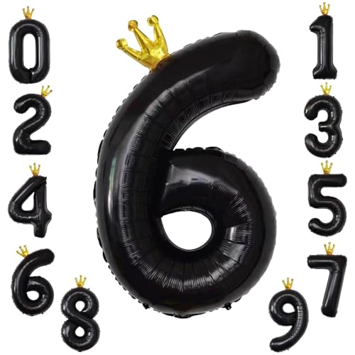KOBOKO Zahlen Luftballon 6, 40 Zoll Folienballon 6 Geburtstagsdeko, XXL Ballon 6 Geburtstag Mädchen Junge, Schwarz Luftballon Zahlen 6 Jahre, Krone Helium Ballons 6 für Geburtstag Jahrestag Party Deko von Koboko