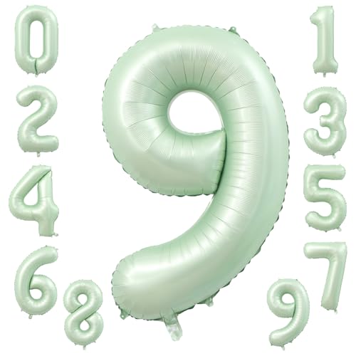 KOBOKO Zahlen Luftballon 9 Jahre Grün, 40 Zoll Salbeigrün Folienballon 9, Helium Ballons 9 Geburtstag Mädchen Junge, Olivgrün Luftballons Zahl 9 Geburtstagsdeko, Ballon Zahlen 9 Geburtstag Party Deko von Koboko