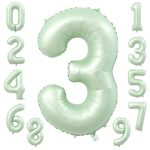 KOBOKO Zahlen Luftballon 3 Jahre Grün, 40 Zoll Salbeigrün Folienballon 3 Geburtstag, Olivgrün Zahlenballon Geburtstagsdeko 3 Jahre Mädchen Junge, Zahl 3 Helium Ballon für Kinder Deko 3. Geburtstag von Koboko