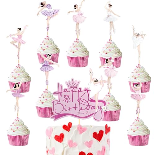 KOBOKO 25 Stück Ballerina Tortendeko, Cupcake Topper, Rosa Happy Birthday Kuchen Deko für Ballett Thema, Cake Topper für Mädchen Torten Deko von Koboko