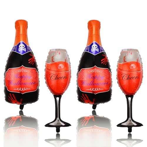Koboko Halloween Luftballons Wein Flaschen, 4 Stück XXL Weinflasche Luftballons Halloween Deko Set, Schwarze Rot Weinglas Folienballon Horror Deko, Weinflasche Ballons für Grusel Deko Outdoor Indoor von Koboko