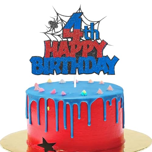 KOBOKO Spider Tortendeko 4 Geburtstag, Happy Birthday Cake Topper Geburtstag 4 Jahre, Glitzer Tortendeko 4 Geburtstags Junge, Spidey Kuchendeko für Kindergeburtstag Deko, Happy Birthday Deko KOBOKO Spider Tortendeko 4 Geburtstag, Happy Birthday Cake Topper Geburtstag 4 Jahre, Glitzer Tortendeko 4 Geburtstags Junge, Spidey Kuchendeko für Kindergeburtstag Deko, Happy Birthday Deko von Koboko