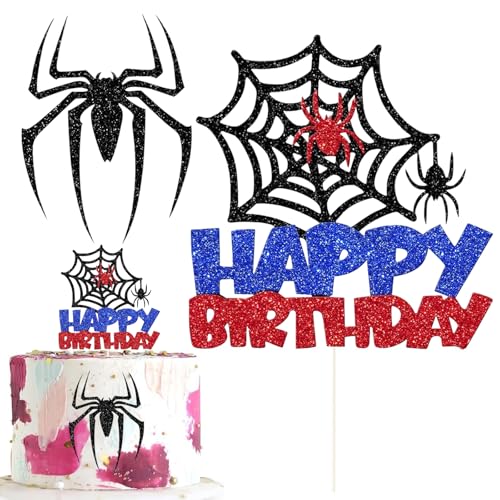 KOBOKO Spider Tortendeko Geburtstag, Spinnennetz Cake Topper Geburtstag, Glitzer Happy Birthday Tortendeko Schwarz Rot Blau, Spinne Happy Birthday Cake Topper, Spidey Kuchendeko für Kindergeburtstag KOBOKO Spider Tortendeko Geburtstag, Spinnennetz Cake Topper Geburtstag, Glitzer Happy Birthday Tortendeko Schwarz Rot Blau, Spinne Happy Birthday Cake Topper, Spidey Kuchendeko für Kindergeburtstag von Koboko