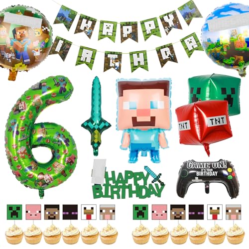 6. Gaming-Geburtstagsdekorationen für Jungen und Mädchen, Happy Birthday-Banner, Folienballons, Miner, Gaming-Themenparty-Zubehör, Dekoration, Bergmann-Party, Tisch-Kuchenaufsatz für Kindergeburtstage von Kodepro