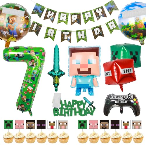 7. Gaming-Geburtstagsdekorationen für Jungen und Mädchen, Banner Folienballons Miner Gaming Thema Party Supplies Dekoration Miner Party Tisch Kuchen Topper für Kinder Geburtstag Partys von Kodepro