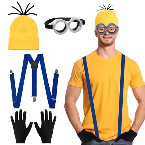 Cosplay-Kostüm-Zubehör für Erwachsene, mit gelber Beanie, Strickmütze, schwarze Handschuhe, graue Steampunk-Brille, Brille, blauer Schultergurt, für Halloween, Cosplay, Party, Weltbuchtag, Kostüme von Kodepro