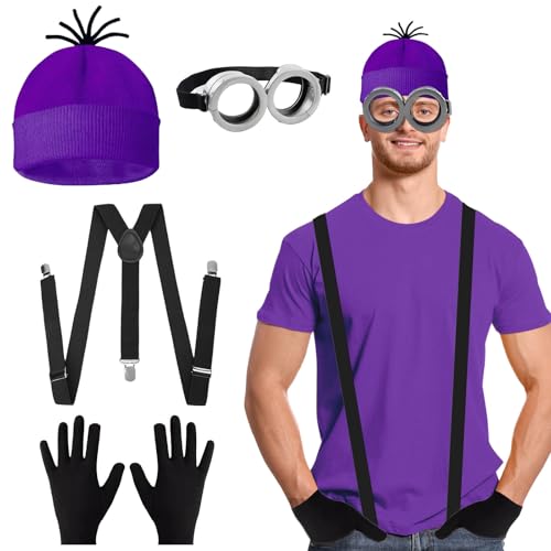 Cosplay-Kostüm-Zubehör für Erwachsene, mit violetter Beanie, Strickmütze, schwarze Handschuhe, graue Steampunk-Brille, Brille, schwarzer Schultergurt, für Halloween, Cosplay, Party, Weltbuchtag von Kodepro