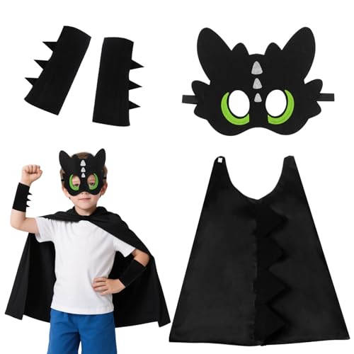 Zahnloses Kostüm-Set für Kinder, schwarze Maske, Dinosaurier-Umhang, Ärmel für Mädchen und Jungen, Halloween-Kostüm, 4-teilig Zahnloses Kostüm-Set für Kinder, schwarze Maske, Dinosaurier-Umhang, Ärmel für Mädchen und Jungen, Halloween-Kostüm, 4-teilig von Kodepro