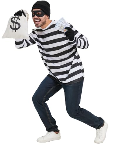 Set schwarz-weiß gestreiftes T-Shirt Dieb Zubehör für Halloween Cosplay Kostüm, Schwarz, 3XL Set schwarz-weiß gestreiftes T-Shirt Dieb Zubehör für Halloween Cosplay Kostüm, Schwarz, 3XL von Kofero