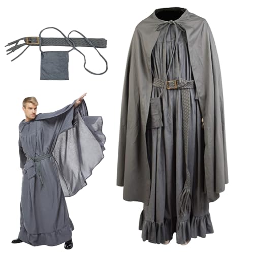 KoleGoe Herren Grau Zauberer Cosplay Kostüm Robe Umhang mit Gürtel Crossbody Tasche Zubehör Halloween Set KoleGoe Herren Grau Zauberer Cosplay Kostüm Robe Umhang mit Gürtel Crossbody Tasche Zubehör Halloween Set von KoleGoe